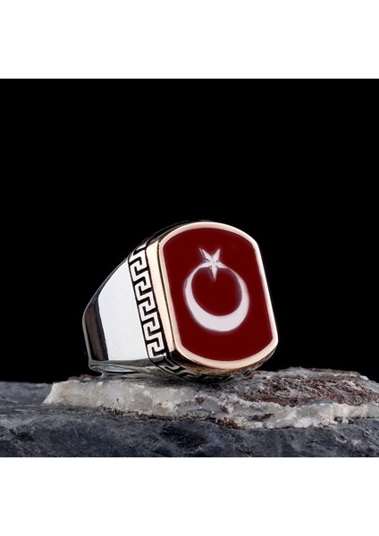 925 Ayar Gümüş Kırmızı Mineli Ayyıldız Model Erkek Yüzük