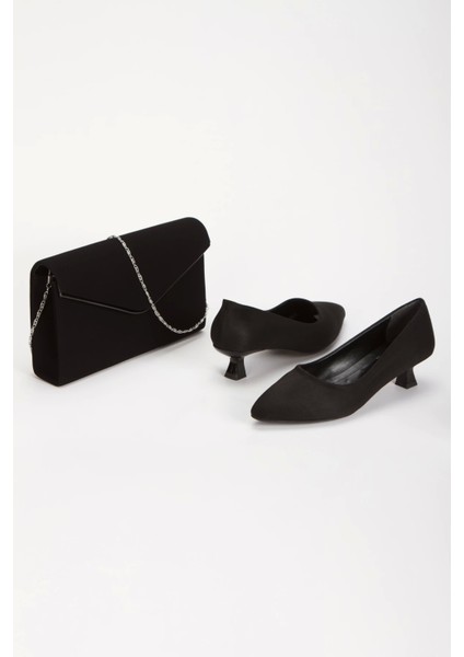 Kısa Topuklu Sivri Burunlu Stiletto ve Çanta Takımı Siyah Süet