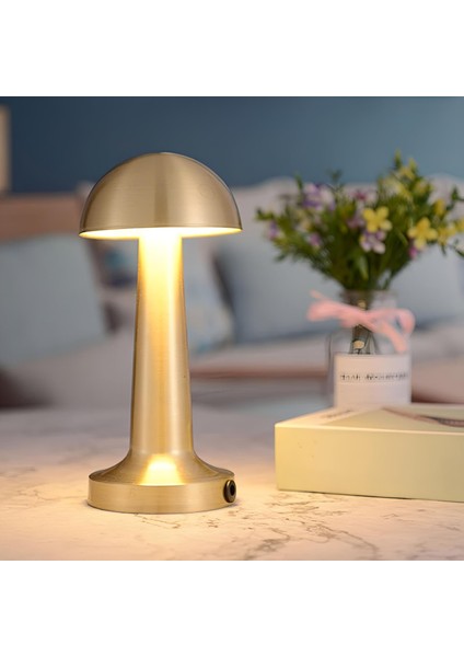 Masa Üstü Lamba - Ledli Masa Lambası - Şarjlı Mantar Gece Lambası LED Abajur - Gold Renk - 25CM