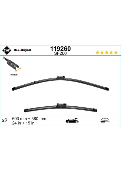 Swf SF260 Silecek Süpürge 600/380MM. Polo 5 Rapid Citigo Toledo 4 Audi A1 8x 8X1955425 Valeo 119260