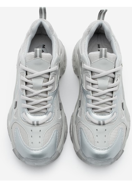Kadın Sneaker Kalın Taban Bağcıklı Spor Ayakkabı Pizen Gümüş