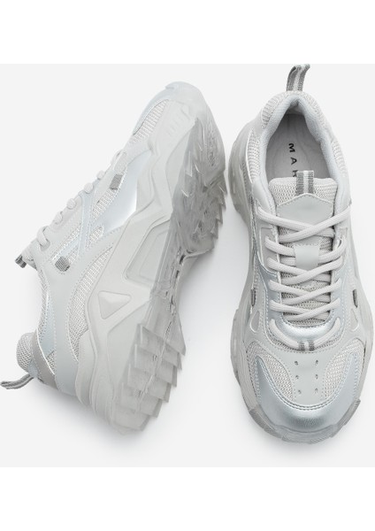 Kadın Sneaker Kalın Taban Bağcıklı Spor Ayakkabı Pizen Gümüş