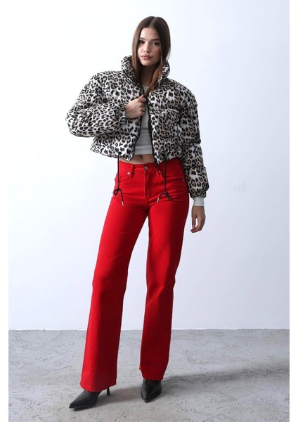 Leoparlı Crop Şişme Kadın Mont