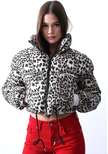 Leoparlı Crop Şişme Kadın Mont