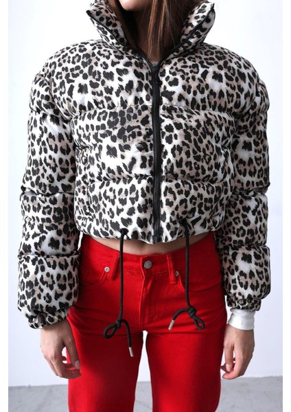 Leoparlı Crop Şişme Kadın Mont