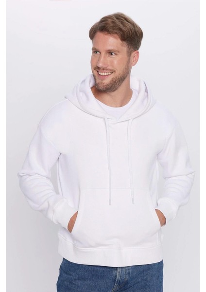 Erkek Beyaz Kapüşonlu Kanguru Cepli Üç Iplik Şardonlu Sweatshirt
