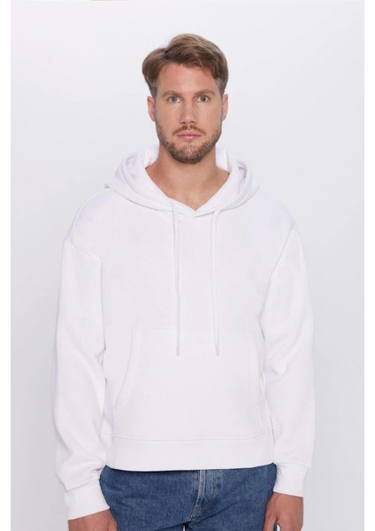Erkek Beyaz Kapüşonlu Kanguru Cepli Üç Iplik Şardonlu Sweatshirt fiyatları