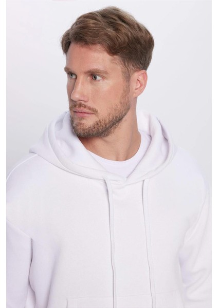 Erkek Beyaz Kapüşonlu Kanguru Cepli Üç Iplik Şardonlu Sweatshirt modelleri