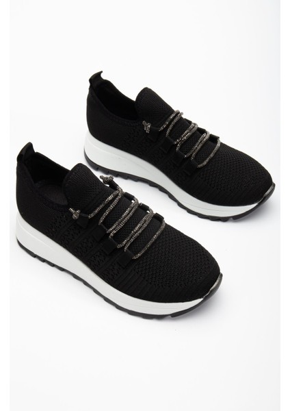 Paris Siyah Triko Bağcıklı Taşlı Rahat Kalıp Sneaker