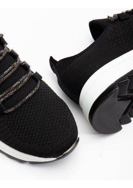 Paris Siyah Triko Bağcıklı Taşlı Rahat Kalıp Sneaker