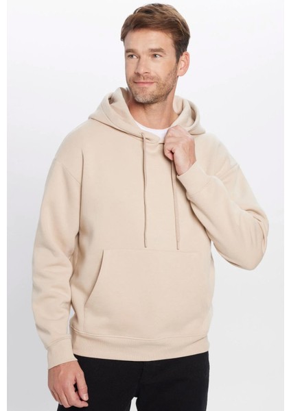 Erkek Taş Kapüşonlu Kanguru Cepli Üç Iplik Şardonlu Sweatshirt