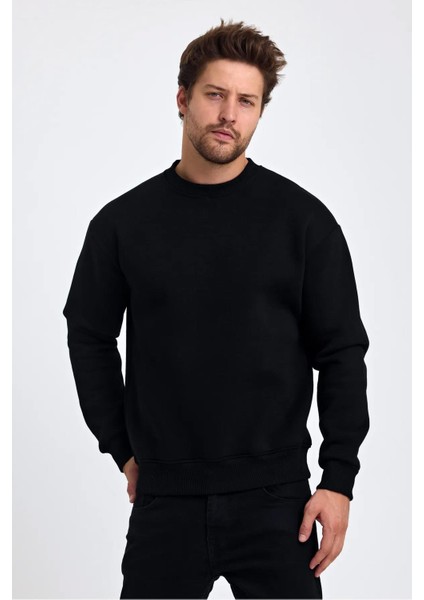 Erkek Siyah Bisiklet Yaka Üç Iplik Şardonlu Sweatshirt fiyatları