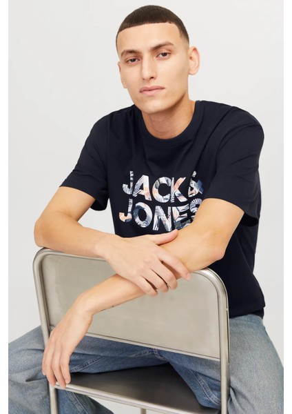 Erkek Jjebryan Yazı Detaylı Bisiklet Yaka Pamuk T-Shirt 12268127 Lacivert