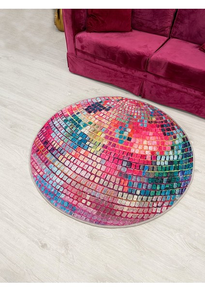 Pembe Disko Topu Şekilli Daire Lateks Taban Halı