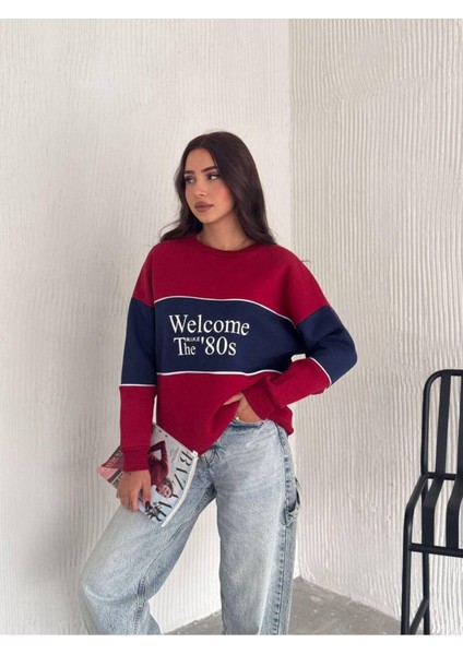 Yazı Detaylı Renk Bloklu Bisiklet Yaka 3 Iplik Sweatshirt