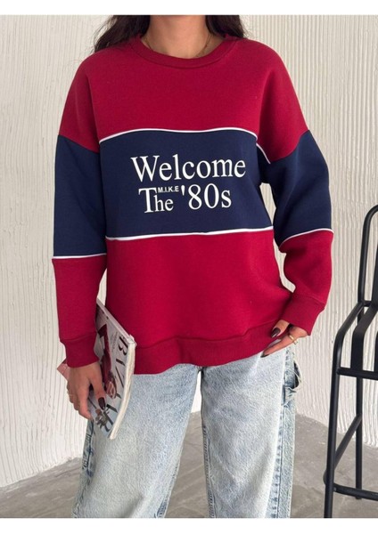 Yazı Detaylı Renk Bloklu Bisiklet Yaka 3 Iplik Sweatshirt