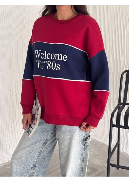 Yazı Detaylı Renk Bloklu Bisiklet Yaka 3 Iplik Sweatshirt