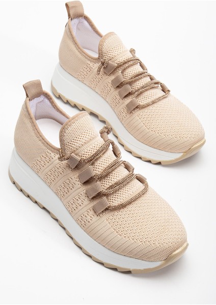 Paris Bej Triko Bağcıklı Taşlı Rahat Kalıp Sneaker