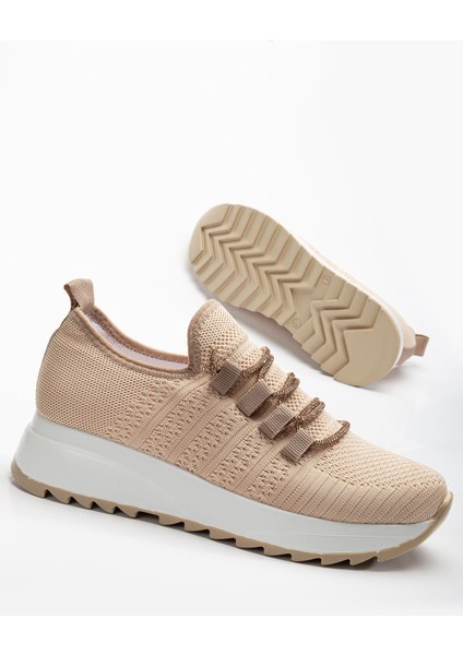 Paris Bej Triko Bağcıklı Taşlı Rahat Kalıp Sneaker