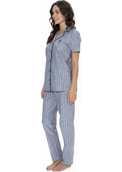 Çizgili, Gömlek Yaka, Pamuklu Pijama Takım