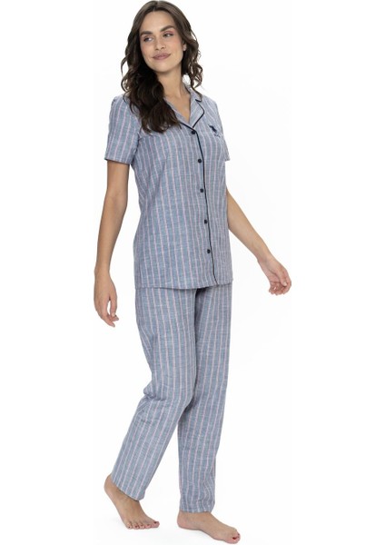 Çizgili, Gömlek Yaka, Pamuklu Pijama Takım