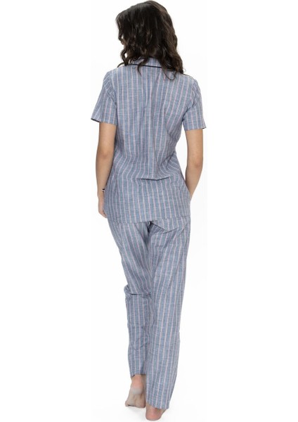 Çizgili, Gömlek Yaka, Pamuklu Pijama Takım