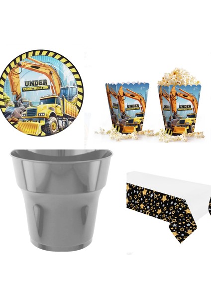 Doğum Günü 16 Kişilik Pariti Seti Inşaat Makineleri Karton Tabak Mısır Kutusu Plastik Bardak Çatal