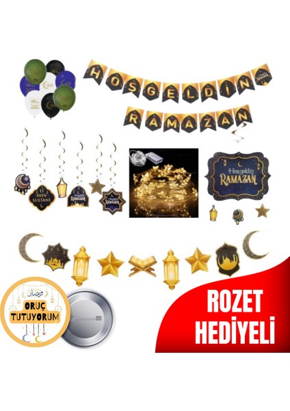 Hoşgeldin Ramazan Uzar Yazılı LED Işıklı Balonlu Tam Set Oruç Tutuyorum Rozet Hediyeli