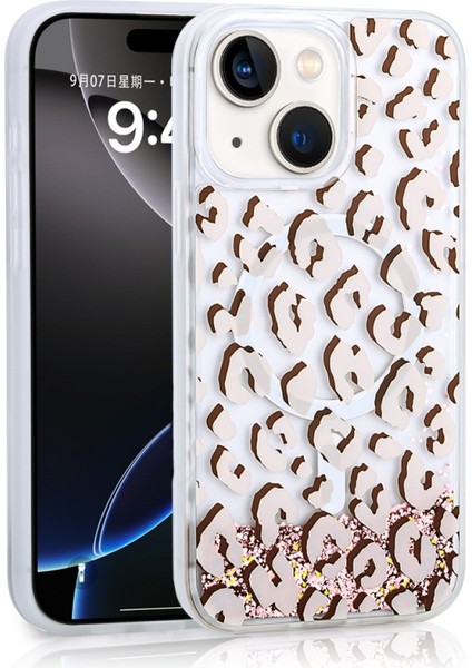 Apple iPhone 14 Uyumlu Kılıf Mossa Simli Baskılı Pembe