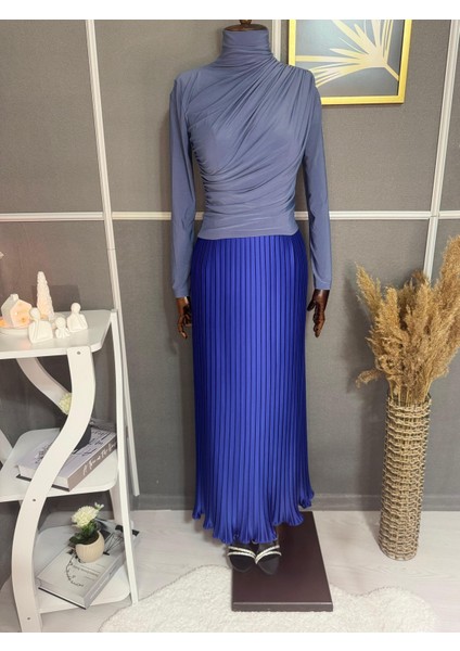 Eteği Volanlı Pileli Uzun Saten Etek