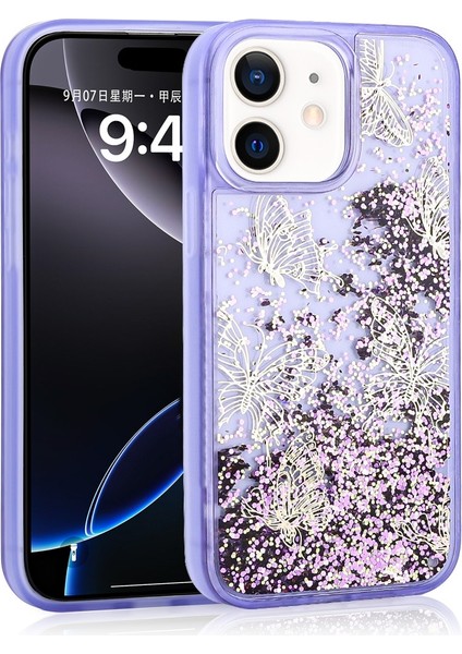 Apple iPhone 11 Uyumlu Kılıf Gliss Kelebek Baskılı Sıvı Simli Mor + Ekran Koruyucu