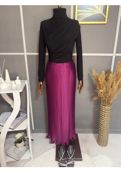 Eteği Volanlı Pileli Uzun Saten Etek