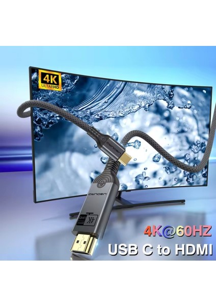 3-Metre Type-C To HDMI 4K 60Hz Ultra Full Hd CE+FCC+ROHS Lisanslı MacBook/Tablet/Telefon Tak Çalıştır Görüntü Aktarım Kablosu Hasır Örgülü Sağlam Kablo