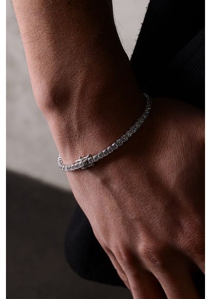 14 K White Gold Kaplama 925 Ayar Gümüş Iri Tenis Su Yolu Bileklik • Made In Italy