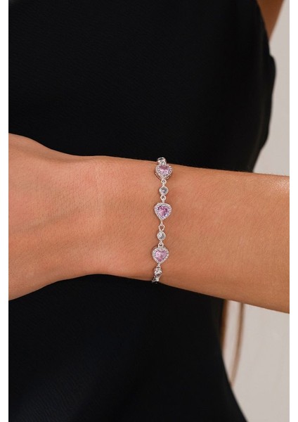 14 K White Gold Kaplama 925 Ayar Gümüş Pembe Kuvars Kalp Bileklik