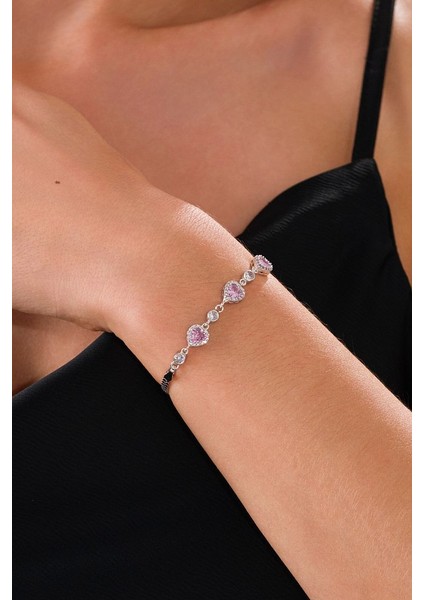 14 K White Gold Kaplama 925 Ayar Gümüş Pembe Kuvars Kalp Bileklik