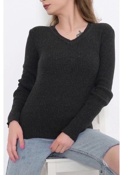 Casual Kadın Triko V Yaka Siyah Dar Kalıp Slimfit Yeni Sezon Antrasit fiyatları