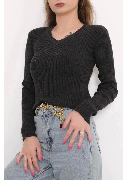 Casual Kadın Triko V Yaka Siyah Dar Kalıp Slimfit Yeni Sezon Antrasit modelleri