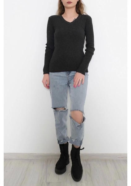 Casual Kadın Triko V Yaka Siyah Dar Kalıp Slimfit Yeni Sezon Antrasit indirimleri
