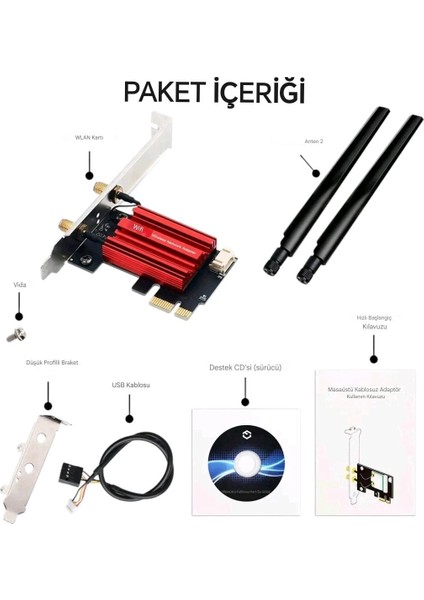 Wifi-5 AC1200 Mbps Yüksek Performans Düşük Gecikme İkisi Bir Arada Wifi-5 + Bluetooth PCIe Ağ Kartı Adaptör Çift Bant 5Ghz/2.4Ghz CE Lisanslı