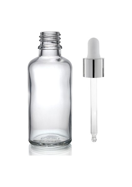 50 ml Şeffaf Cam Da mlalıklı, 24 Adet, Gümüş Kapak Beyaz Emzik