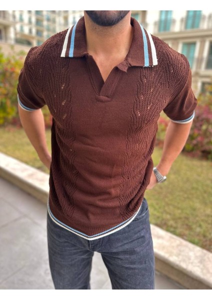 T-Shirt Nefes Alabilen Polo Yaka Terletmez Desenli Pamuklu Örme Tişört Oversize Triko Tshirt