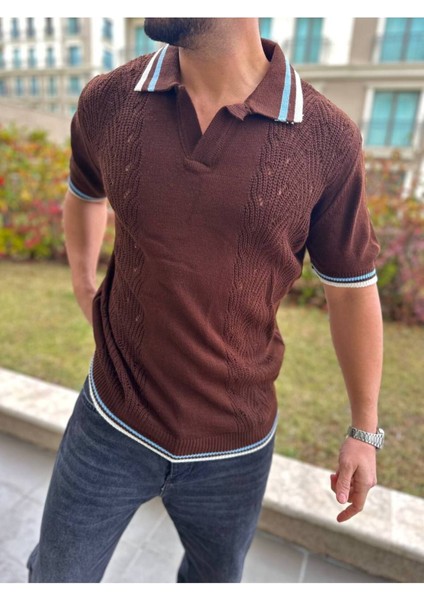 T-Shirt Nefes Alabilen Polo Yaka Terletmez Desenli Pamuklu Örme Tişört Oversize Triko Tshirt