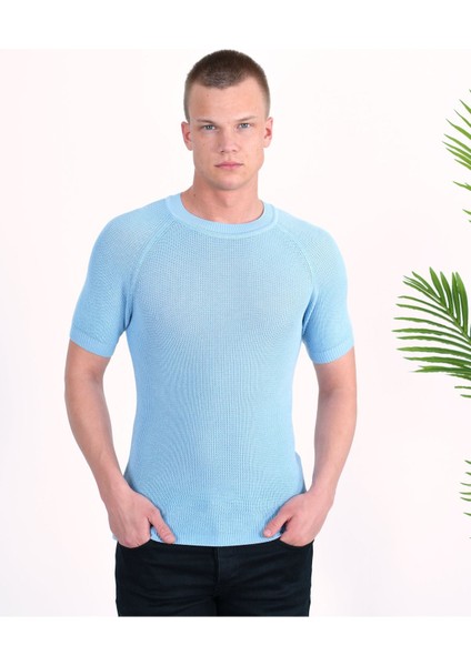 Slim Fit Pamuklu Örme Triko Tişört Dar Kesim Bisiklet Yaka T-Shirt