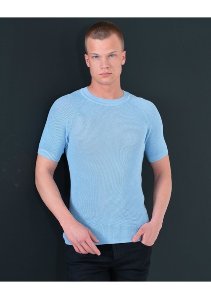 Slim Fit Pamuklu Örme Triko Tişört Dar Kesim Bisiklet Yaka T-Shirt