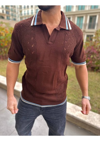 T-Shirt Nefes Alabilen Polo Yaka Terletmez Desenli Pamuklu Örme Tişört Oversize Triko Tshirt