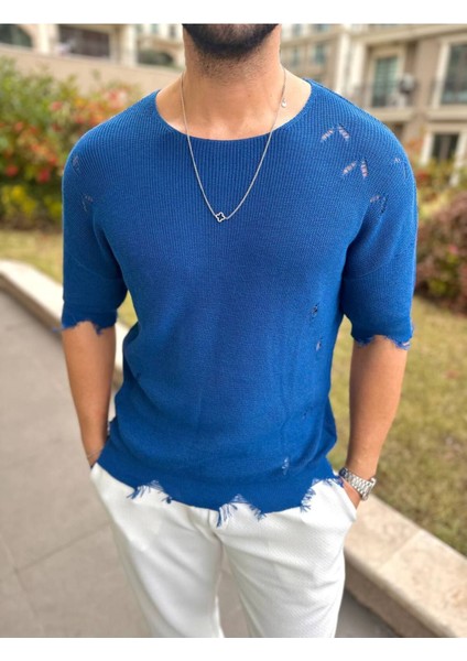 Yırtık Detaylı Tişört Lazer Kesim Tshirt Oversize Salaş Bisiklet Yaka Tişört