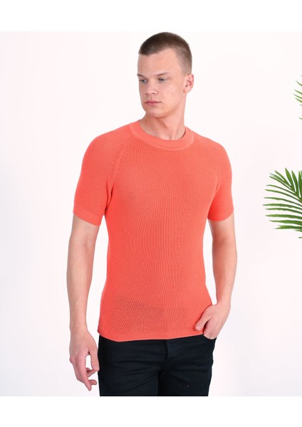 Slim Fit Pamuklu Örme Triko Tişört Dar Kesim Bisiklet Yaka T-Shirt