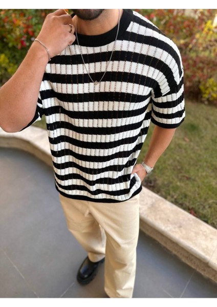 T-Shirt Nefes Alabilen Natural Pamuk Tshirt Terletmez Kumaş Oversize Örme Çizgili Tişört