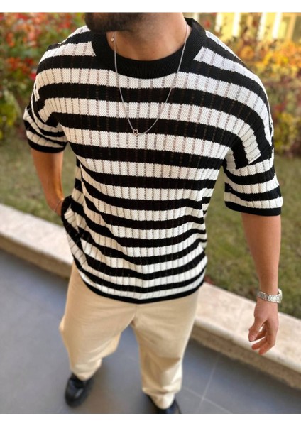 T-Shirt Nefes Alabilen Natural Pamuk Tshirt Terletmez Kumaş Oversize Örme Çizgili Tişört